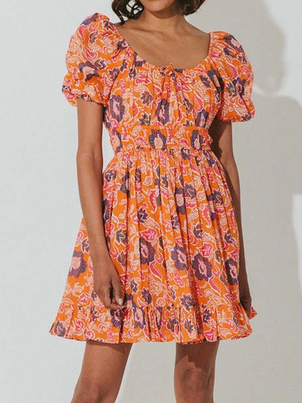 Cleobella Kalena Dress in Tropique Orange Floral Puff Sleeve Size Medium